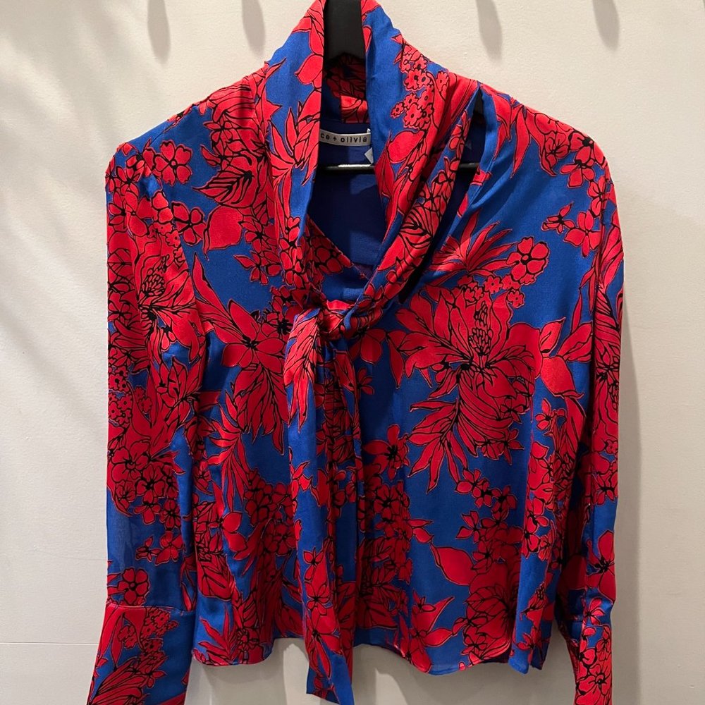 ALICE + OLIVIA Floral Blouse with Tie-Neck